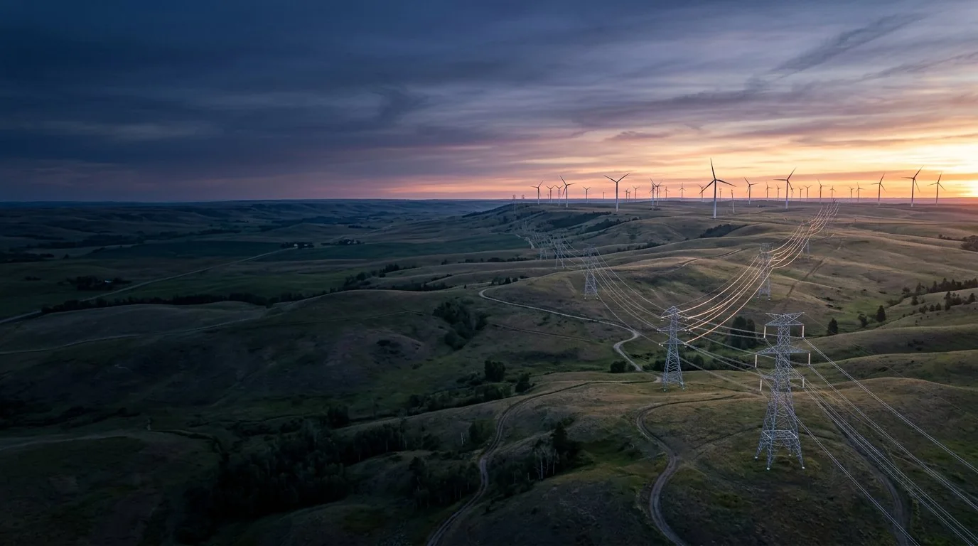 High-voltage transmission corridor leading toward wind generation at sunrise
